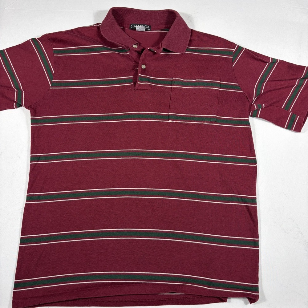 Charvel Polo Shirt Men's Large Maroon Green Striped Chest Pocket Short Sleeve
